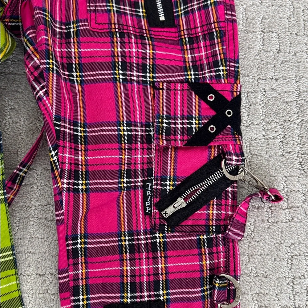 Tripp NYC pink green plaid split pants bondage suspended unisex straight leg - Picture 3 of 8